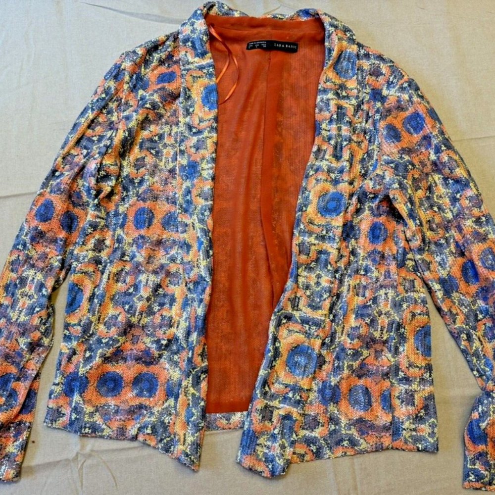 Zara Basic Open Front Cropped Sequin Jacket, Mult… - image 1